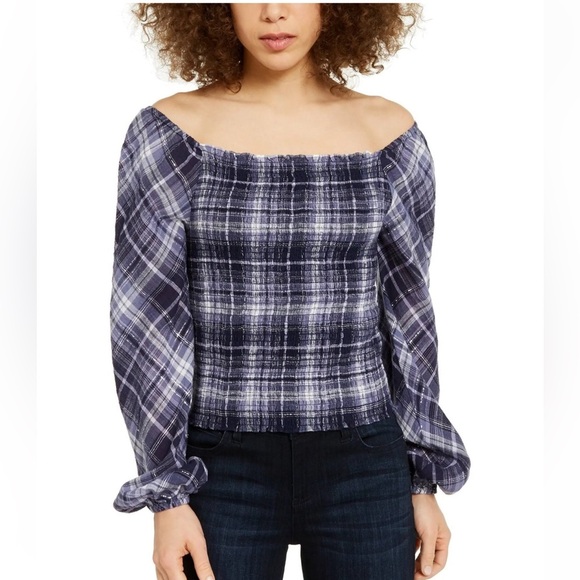 INC International Concepts Navy Plaid Off-Shoulder Blouse sz L - Picture 2 of 12